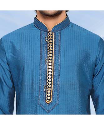 Mens blue polysilk kurta set with contrasrt pink jabbapatti and cording 2