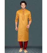 Mens yellow jacqurd kurta set with marron cording and emb on jabbapatti and colour and golden buttons