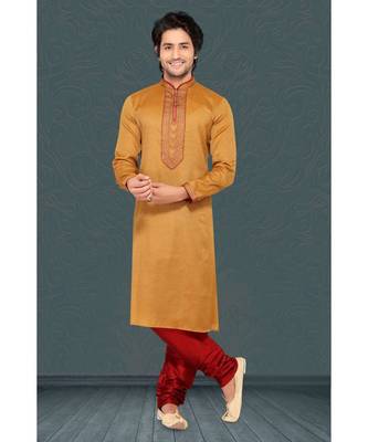 Mens  brown  jacqurd kurta set with marron cording and emb on jabbapatti and colour and golden buttons 1