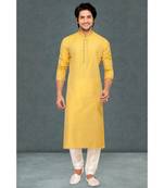 Mens yellow cotton kurta set with corded collar and jabbapatti and gundi buttons
