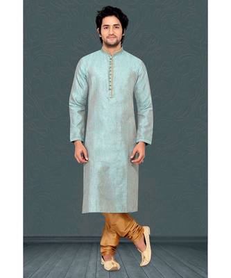 Mens  green bhagalpuri  kurta set with corded collar and jabbapatti and fancy golden  buttons 1