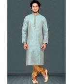 Mens  green bhagalpuri  kurta set with corded collar and jabbapatti and fancy golden  buttons