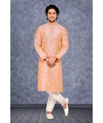 Mens peach  jacqurd kurta set with fawn cording on jabbapatti and collar and gundi  buttons 1