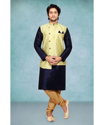 Mens blue polysilk kurta set with green booti  jacquard angrakha jacket and fancy buttons 1