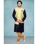 Mens blue polysilk kurta set with green booti  jacquard angrakha jacket and fancy buttons
