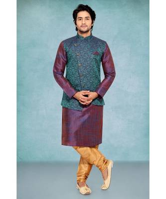 Mens purple  geecha kurta set with  greenish purple   woven jacquard with fancy buttons 1