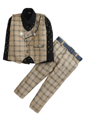 Beige plain cotton silk boys-suit 1