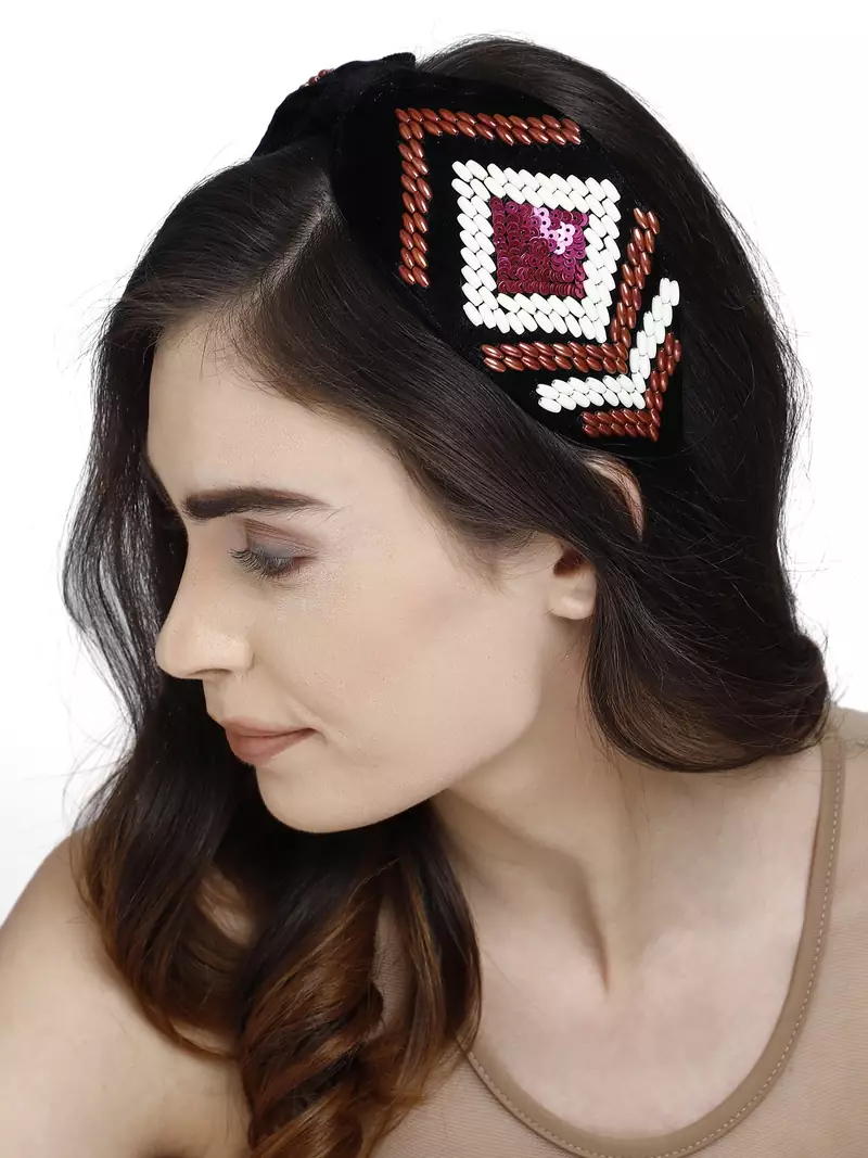 Anekaant Black & Multi Embellished Velvet  Hair Band