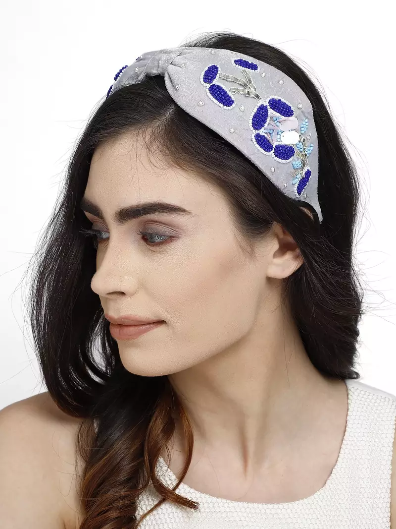 Anekaant Grey & Multi Floral Velvet  Hair Band