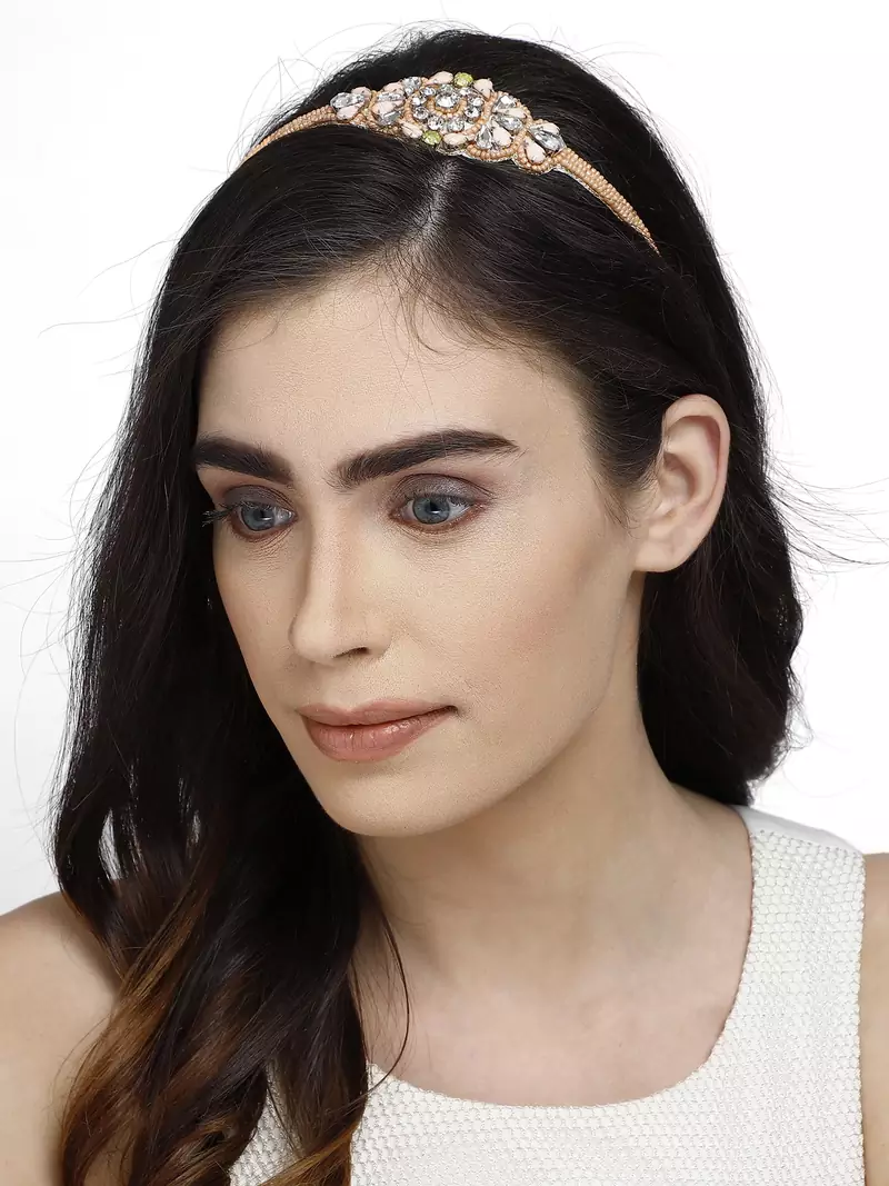 Anekaant Peach & Multi Embellished Velvet  Hair Band