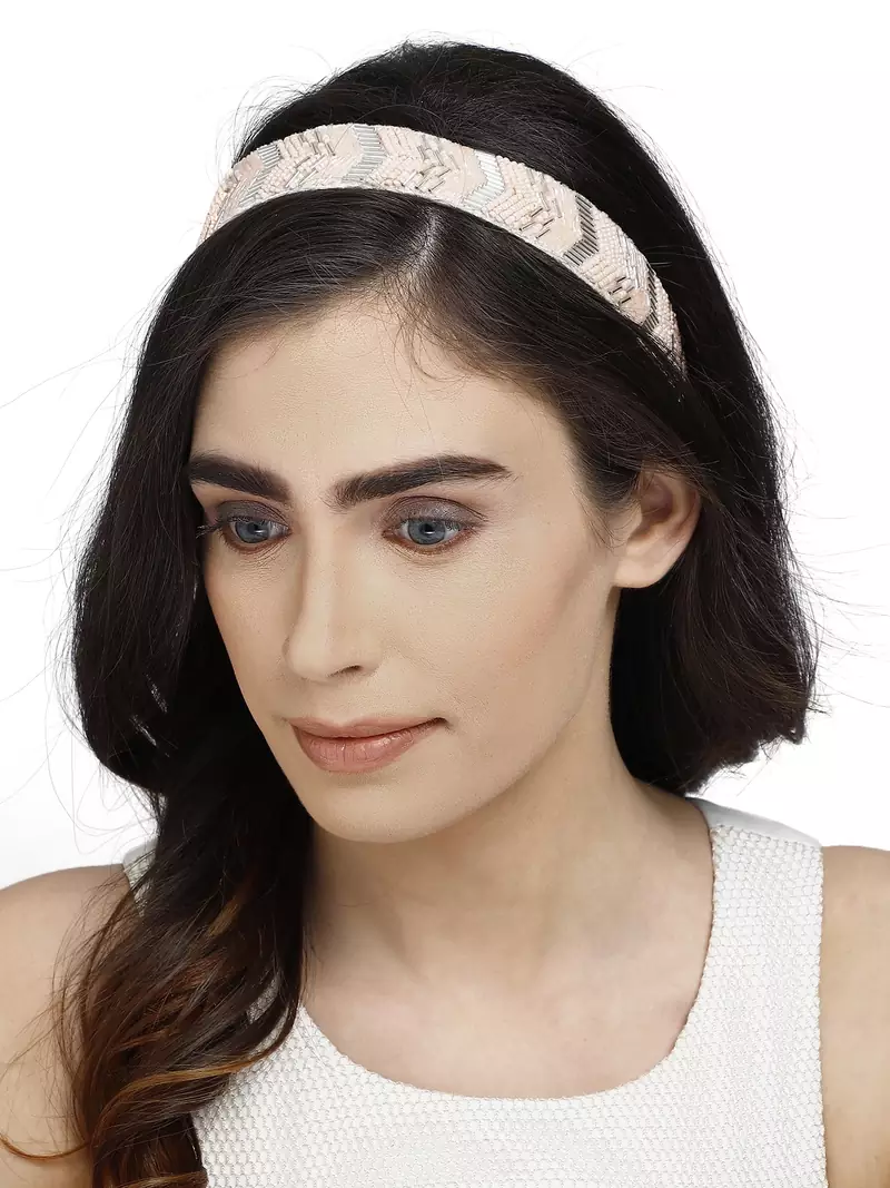 Anekaant Pastel Pink & Silver Chevron Velvet  Hair Band