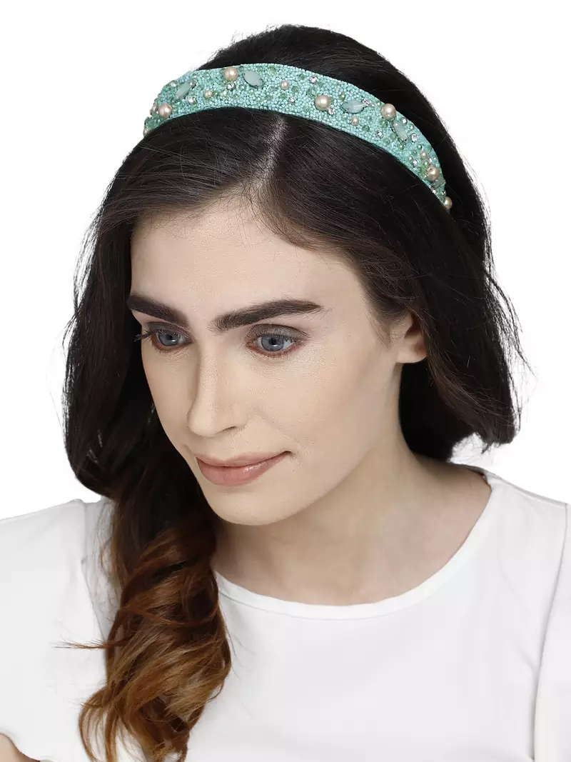 Anekaant Sea Green & Multi Embellished Velvet  Hair Band