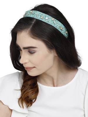 Sea Green & Multi Embellished Velvet  Hair Band 3