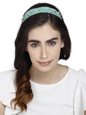 Sea Green & Multi Embellished Velvet  Hair Band 4