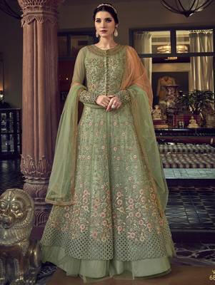 Light Green Embroidery, Beeds & Lace Work Net Semi Stitched Long Length churidar party-wear-salwar-kameez 1