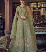 Light Green Embroidery, Beeds & Lace Work Net Semi Stitched Long Length churidar party-wear-salwar-kameez