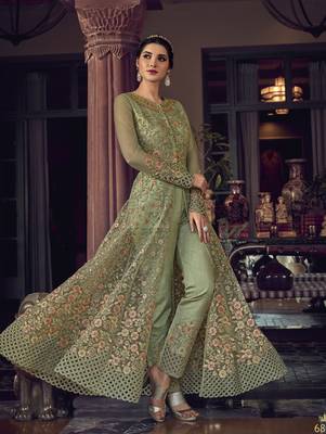 Light Green Embroidery, Beeds & Lace Work Net Semi Stitched Long Length churidar party-wear-salwar-kameez 2