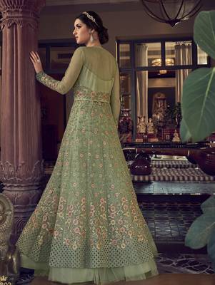 Light Green Embroidery, Beeds & Lace Work Net Semi Stitched Long Length churidar party-wear-salwar-kameez 3