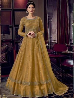 Mustard Embroidery, Beeds & Lace Work Net Semi Stitched Long Length churidar party-wear-salwar-kameez 1