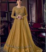 Mustard Embroidery, Beeds & Lace Work Net Semi Stitched Long Length churidar party-wear-salwar-kameez