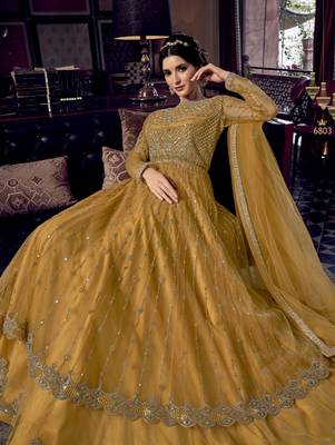 Mustard Embroidery, Beeds & Lace Work Net Semi Stitched Long Length churidar party-wear-salwar-kameez 2