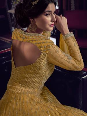 Mustard Embroidery, Beeds & Lace Work Net Semi Stitched Long Length churidar party-wear-salwar-kameez 3