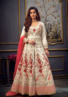 White Embroidery, Swarovski & Lace Work Pure Silk Semi Stitched Long Length churidar party-wear-salwar-kameez 1