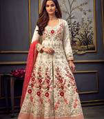 White Embroidery, Swarovski & Lace Work Pure Silk Semi Stitched Long Length churidar party-wear-salwar-kameez