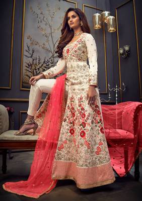 White Embroidery, Swarovski & Lace Work Pure Silk Semi Stitched Long Length churidar party-wear-salwar-kameez 2