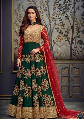 Green Embroidery, Swarovski & Lace Work Georgette Semi Stitched Long Length churidar party-wear-salwar-kameez 1