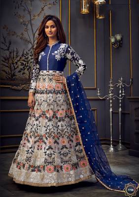 Blue  Embroidery, Swarovski & Lace Work Butterfly Net Semi Stitched Long Length churidar party-wear-salwar-kameez 1