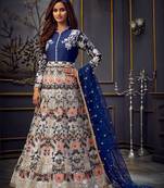 Blue  Embroidery, Swarovski & Lace Work Butterfly Net Semi Stitched Long Length churidar party-wear-salwar-kameez