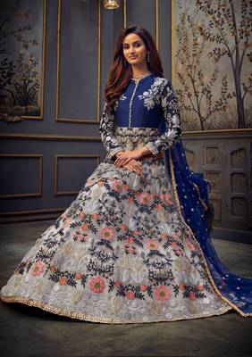 Blue  Embroidery, Swarovski & Lace Work Butterfly Net Semi Stitched Long Length churidar party-wear-salwar-kameez 2
