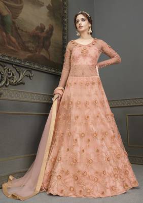 Peach Embroidery, Beeds & Lace Work Net Semi Stitched Long Length churidar party-wear-salwar-kameez 1