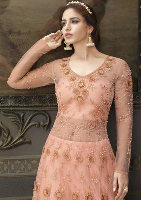 Peach Embroidery, Beeds & Lace Work Net Semi Stitched Long Length churidar party-wear-salwar-kameez 2