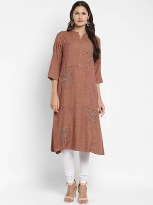 Vbuyz Women's Solid & Hand Work Straight Rayon Brown Kurta 1