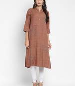Vbuyz Women's Solid & Hand Work Straight Rayon Brown Kurta