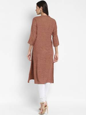Vbuyz Women's Solid & Hand Work Straight Rayon Brown Kurta 2