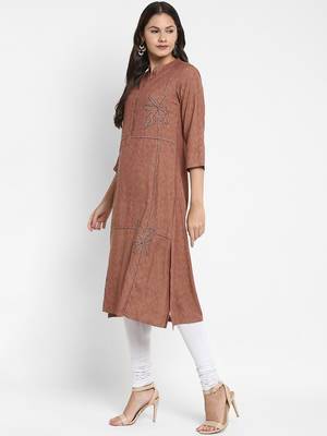 Vbuyz Women's Solid & Hand Work Straight Rayon Brown Kurta 3