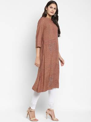 Vbuyz Women's Solid & Hand Work Straight Rayon Brown Kurta 4