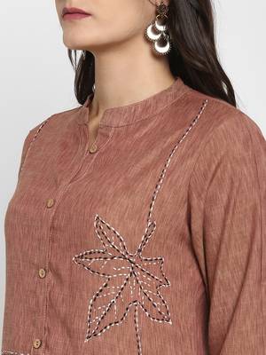 Vbuyz Women's Solid & Hand Work Straight Rayon Brown Kurta 5