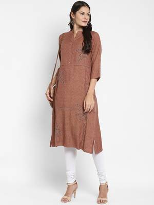 Vbuyz Women's Solid & Hand Work Straight Rayon Brown Kurta 6