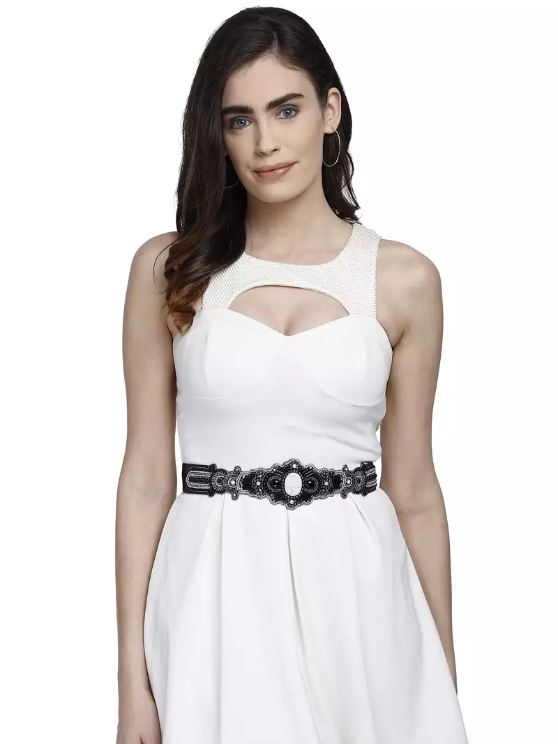 Anekaant Black & Silver Bead Work  Polyester & Leatherette Handmade Belt