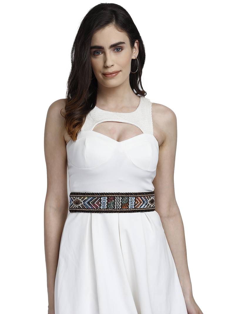 Anekaant Brown & Multi Bead Work  Acrylic Jacquard & Polyester Handmade Belt