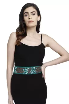 Anekaant Parrot Green & Multi Embellished Floral Cotton Handmade Belt