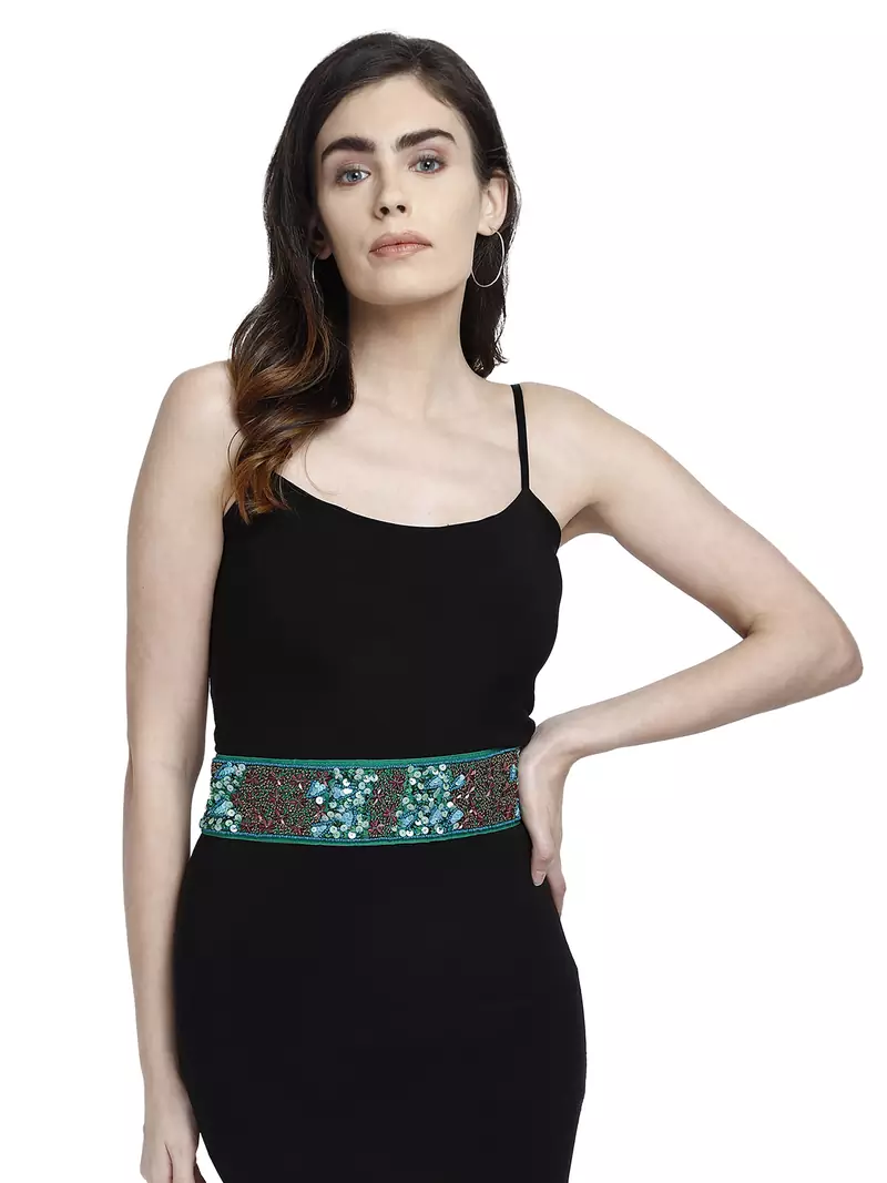 Anekaant Parrot Green & Multi Embellished Floral Cotton Handmade Belt