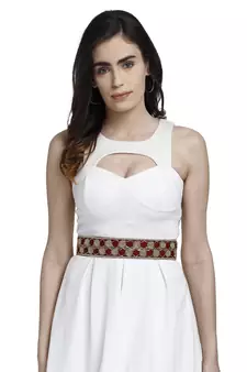 Anekaant Maroon & Gold Bead Work Geometric Cotton Handmade Belt