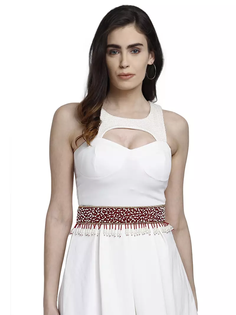 Anekaant Red & White Bead Work Tasselled Polyester Handmade Belt