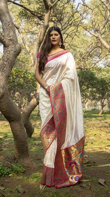White embroidered silk saree with blouse 1