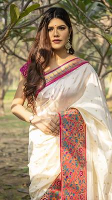 White embroidered silk saree with blouse 2